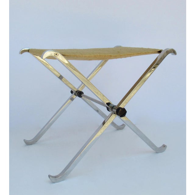 1970s C.1970's French Maison Charles, Chrome Plated Over Solid Steel X-Base Cross Legged Bench With Donghia Raphia Textile For Sale - Image 5 of 13