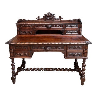 Antique French Renaissance Desk Barley Twist Carved Oak Office Library For Sale