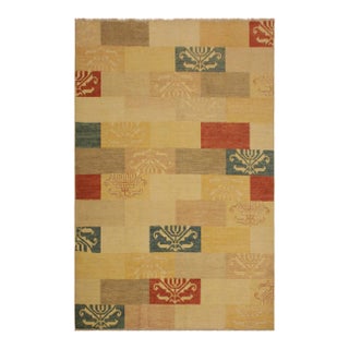 1990s Shabby Chic Kafkaz Tan/Red Wool Rug - 6'0 X 8'8 For Sale