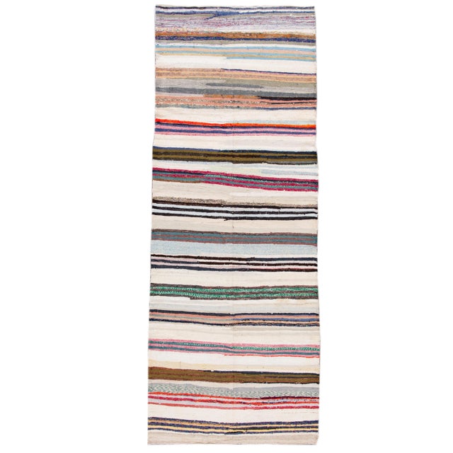 Vintage Kilim Wool Handmade Ivory Stripes Wool Runner For Sale - Image 13 of 13