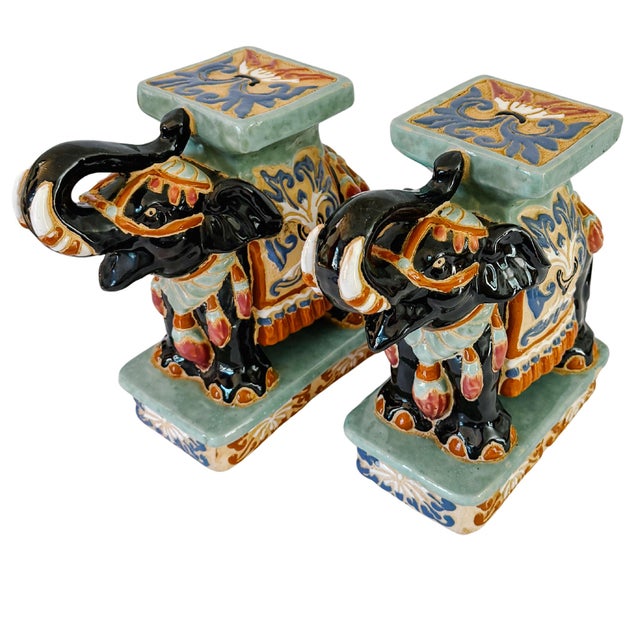 Chinoiserie Vintage Chinoiserie Celadon & Black Ceramic Elephant Glazed Plant Stands / Bookends - A Pair For Sale - Image 3 of 13