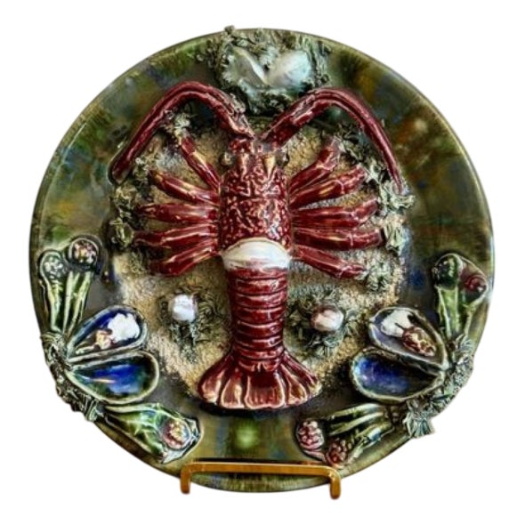 Antique Portuguese Majolica Palsy Ware Lobster Wall Plate, 1940 For Sale