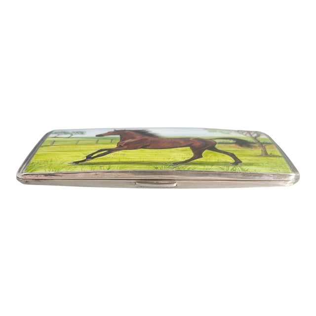 British Sterling Silver Cigarette Case with Original Enamel Horse, 1890s For Sale - Image 6 of 13