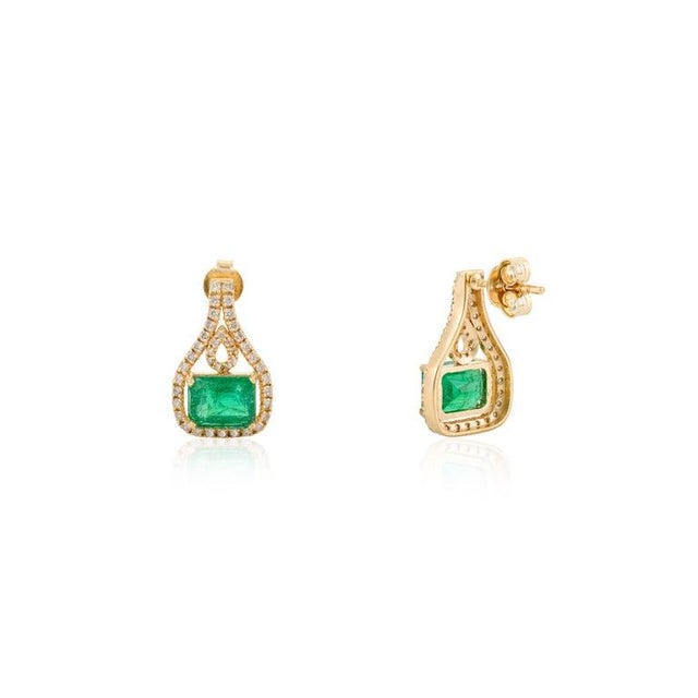 Not Yet Made - Made To Order 3.67 Ct Natural Emerald and Diamond Bridal Stud Earrings in 18k Solid Gold For Sale - Image 5 of 12