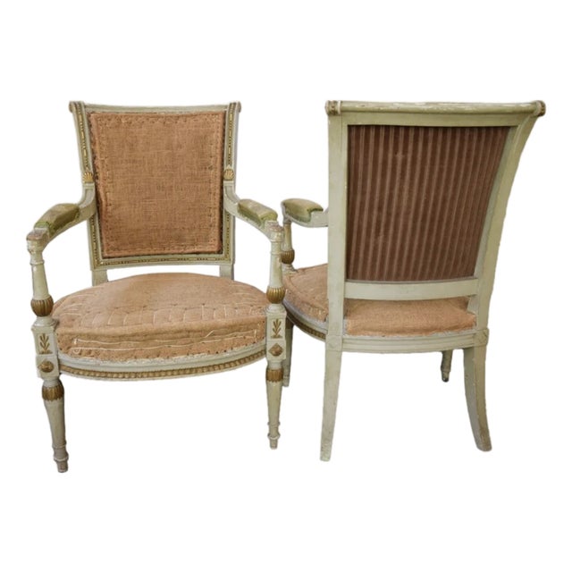 18th Century Burlap Upholstered Louis XVI Armchairs, A Pair For Sale