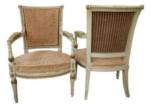 18th Century Burlap Upholstered Louis XVI Armchairs, A Pair