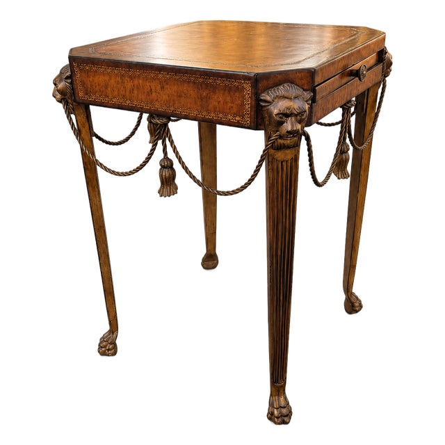 Theodore Alexander Attributed Neoclassical Lion-Head Tooled Leather Drink Table For Sale