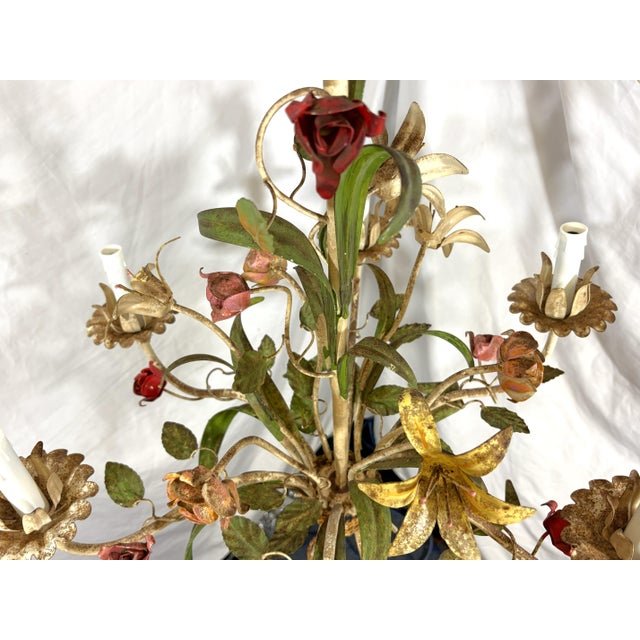 Vintage Tole 6-Light Chandelier With Flower Motif and Honest Patina For Sale In West Palm - Image 6 of 18