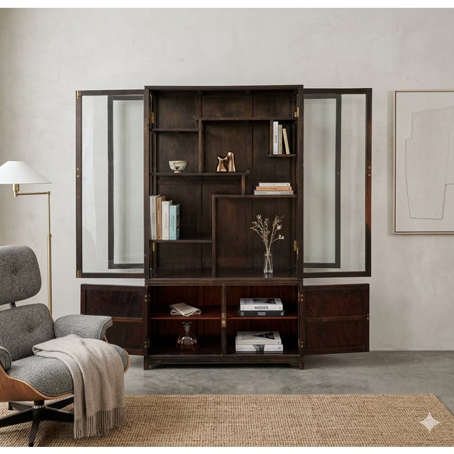 Vintage Dark Brown Oriental Treasure Glass Doors Display Curio Stack Cabinet For Sale In San Francisco - Image 6 of 12