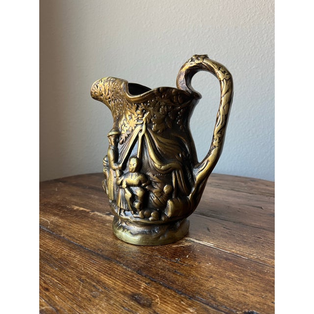 Metal Antique Bronze Heavy Pitcher/Carafe Peasant Scene/Design Sculpted, Embossed For Sale - Image 7 of 12