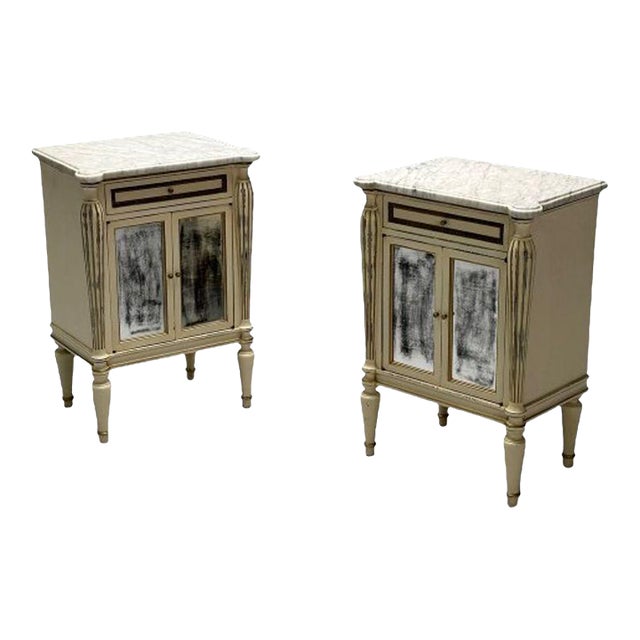 Maison Jansen, Hollywood Regency, Side Table Cabinets, Distressed Mirror, Marble For Sale