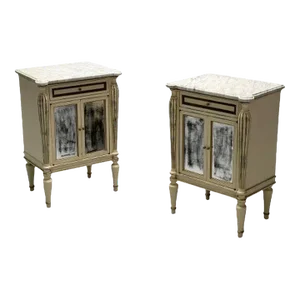 Maison Jansen, Hollywood Regency, Side Table Cabinets, Distressed Mirror, Marble