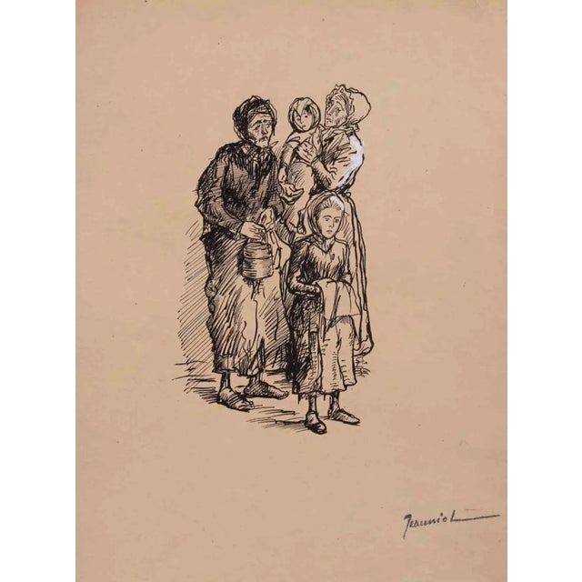 Pierre Georges Jeanniot, Poor Family, Original China Ink on Paper Drawing, Early 20th Century For Sale - Image 3 of 3