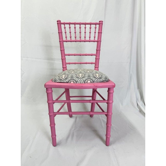 Faux Bamboo Pink Desk or Vanity Chair. Pretty in pink painted wood . Upholstered seat in tones of gray and white. Use at a...