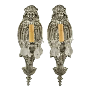 Vintage E. F Caldwell Baroque Silvered Bronze & Rock Crystal Wall Sconces - a Pair