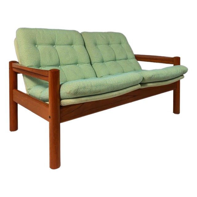 Danish Mid-Century Modern 2- Seater Loveseat in Solid Teak & Original Fabric Attributed to Domino Møbler, Denmark, Circa 1970s For Sale