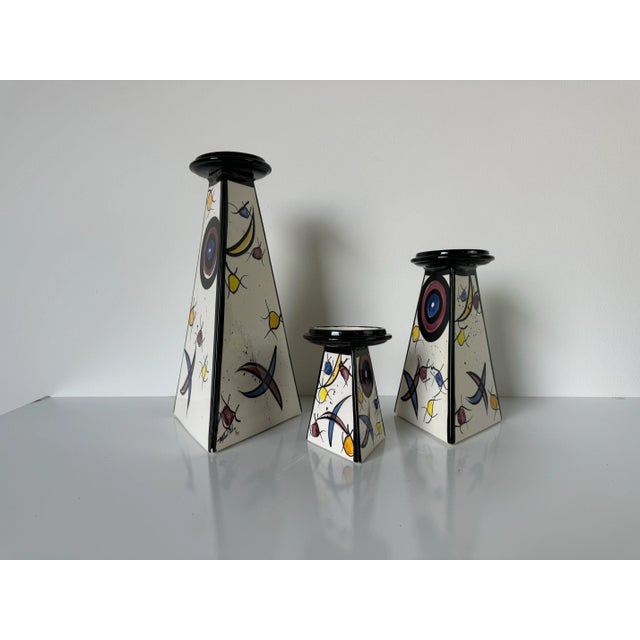 1990s Postmodern - Style Michael Anthony Hand Painted Art Ceramic Candle Holders - Set of 3/ Sold For Sale - Image 9 of 11