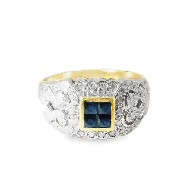 Antique 14K yellow gold sapphire and diamond filigree cluster ring featuring 4 princess-cut sapphires and sparkling round...