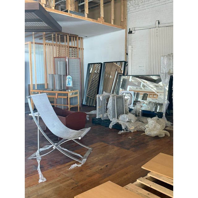 Modern Indoor/Outdoor Metal Sling Lounge Chairs With Ottomans, a Modern Pair For Sale - Image 9 of 12