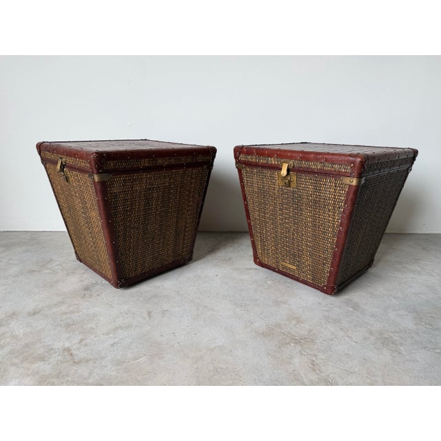 1980s Baker Milling Road Campaign-Style Rattan & Leather Trunk Side Tables — A Pair For Sale - Image 5 of 12