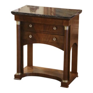 19th Century French Empire Marble Top Mahogany Bedside Table With Drawers For Sale