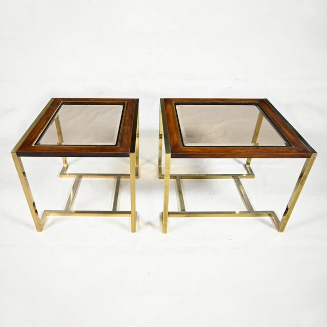 Modern End Tables 2 Sizes Brass Plated Dark Wood & Smoked Glass Rectangles by Thomasville Furniture Style of Milo Baughman, a Pair For Sale - Image 13 of 17