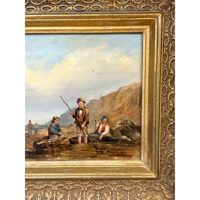 Wood English Victorian Seascape of Boys Shrimping, Attributed to Matthew Thompson For Sale - Image 7 of 16
