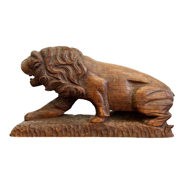 Vintage Boho Hand-Carved Lion Sculpture For Sale