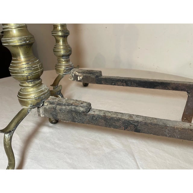 Metal Pair of Turned 18th Century Peened Brass Wrought Iron Georgian Andirons 1700's For Sale - Image 7 of 15