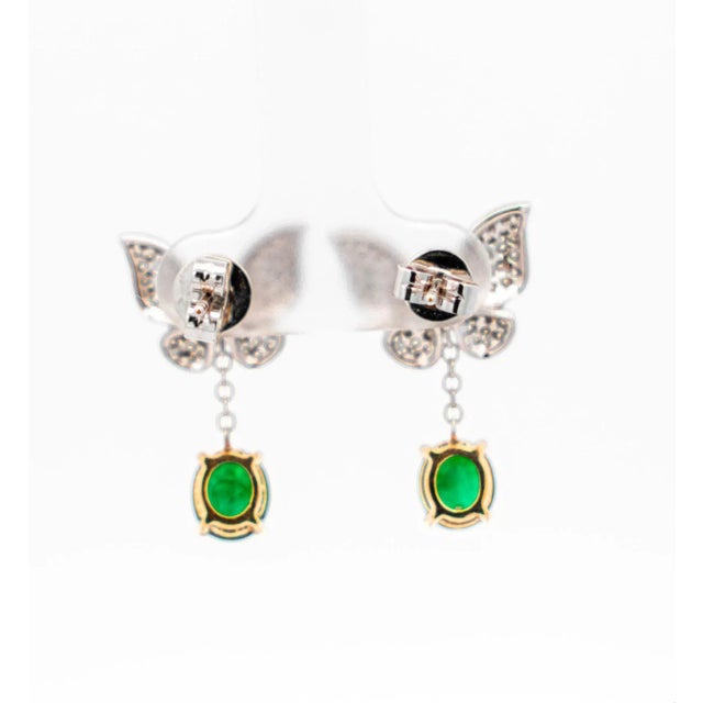 2.5 Carat Cabochon Cut Emerald and Diamond Butterfly Drop Earrings in 18K White For Sale In Miami - Image 6 of 8