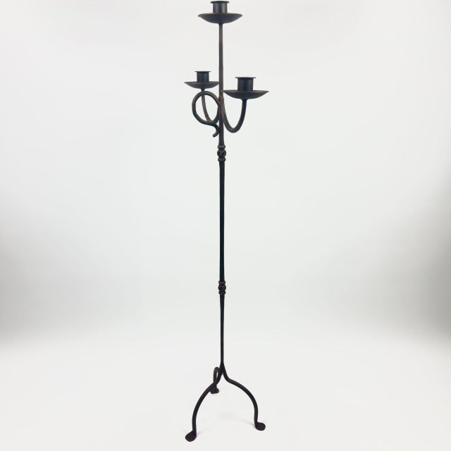 Black Hand Forged Iron Floor Candelabra 49″ (124cm) Antique Copper Patina 3-Arm Compact Scroll Candle Holder Decor For Sale - Image 8 of 8