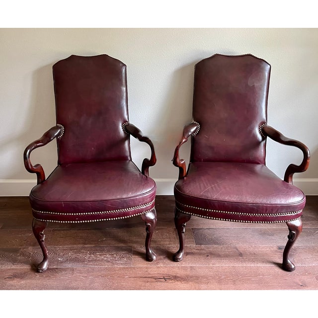 Maroon Late 20th Century St. Timothy Queen Anne Style Maroon Leather Library/Office Chairs - A Pair For Sale - Image 8 of 12
