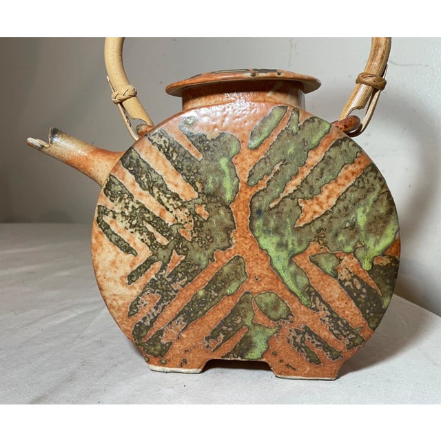 Large Vintage Handmade John Shedd Pottery Gazed Stoneware Bamboo Teapot Kettle For Sale - Image 4 of 11