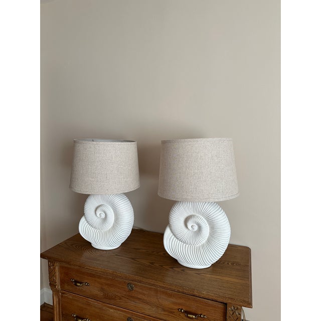 Vintage Spiral Shell Table Lamps With Linen Drum Shades - A Pair For Sale - Image 16 of 18