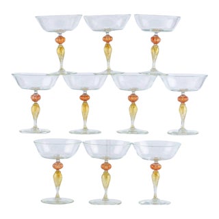 Vintage Murano Glass Champagne Coupes, Peach and Gold-Leaf Ribbed Stems, Set of Ten For Sale