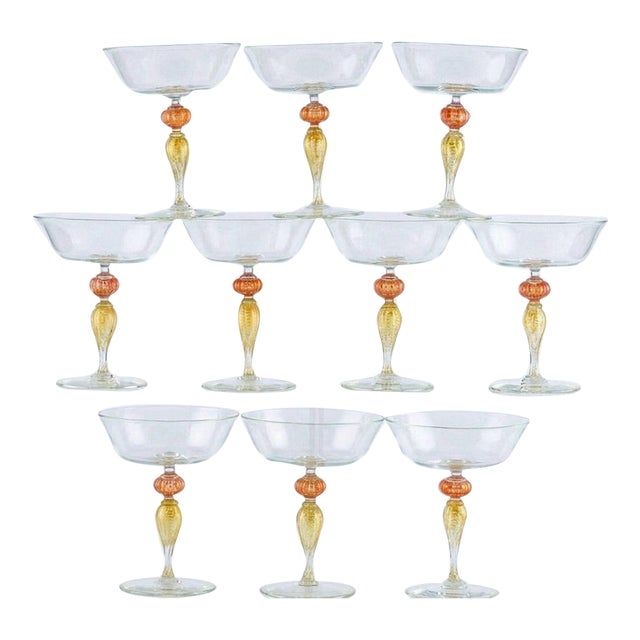 Vintage Murano Glass Champagne Coupes, Peach and Gold-Leaf Ribbed Stems, Set of Ten For Sale