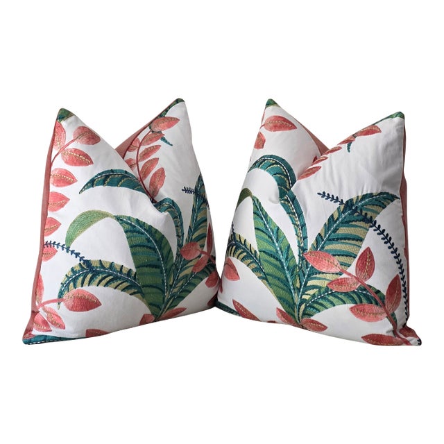 Botanical Turquoise Embroidered Pillows For Sale