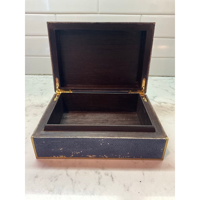 Metal Vintage Shagreen Blue Beige Gold Dresser Jewelry Cigarette Box For Sale - Image 7 of 8