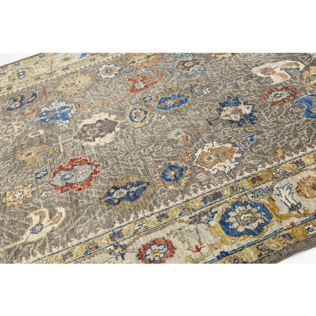 Modern Oushak Style Hand-Knotted Wool Area Rug in Taupe Grey With Vibrant Floral For Sale In New York - Image 6 of 12