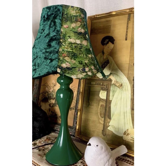 Forest Green Velvet & Floral Fabric Table Lamp For Sale - Image 4 of 5