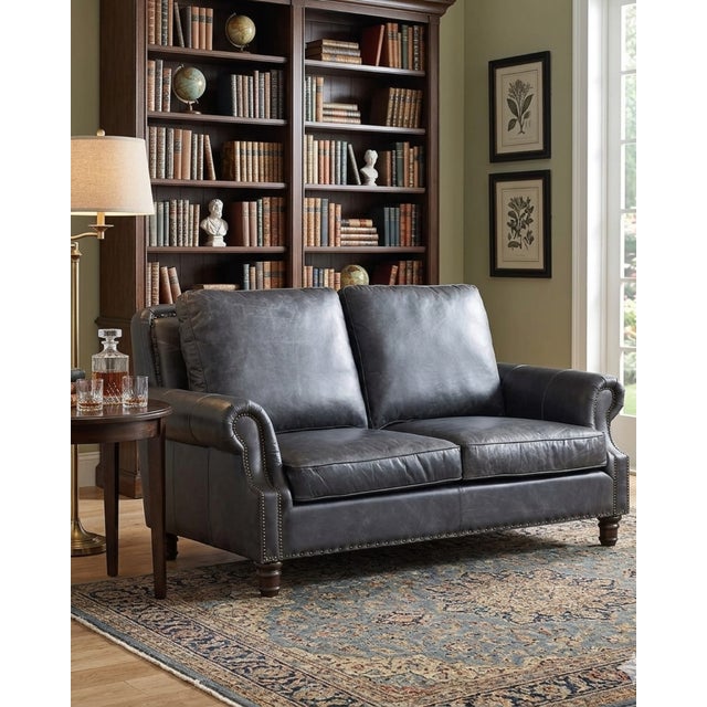 Black English Rolled Arm Love Seat - Slate Leather For Sale - Image 8 of 9