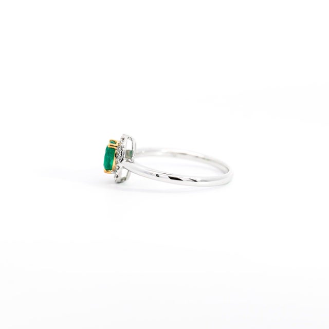 Green 2/3 Carat Natural Emerald & Diamond Oval Halo 1.7mm Band Ring in 18K White Gold, Size 5.5 For Sale - Image 8 of 10