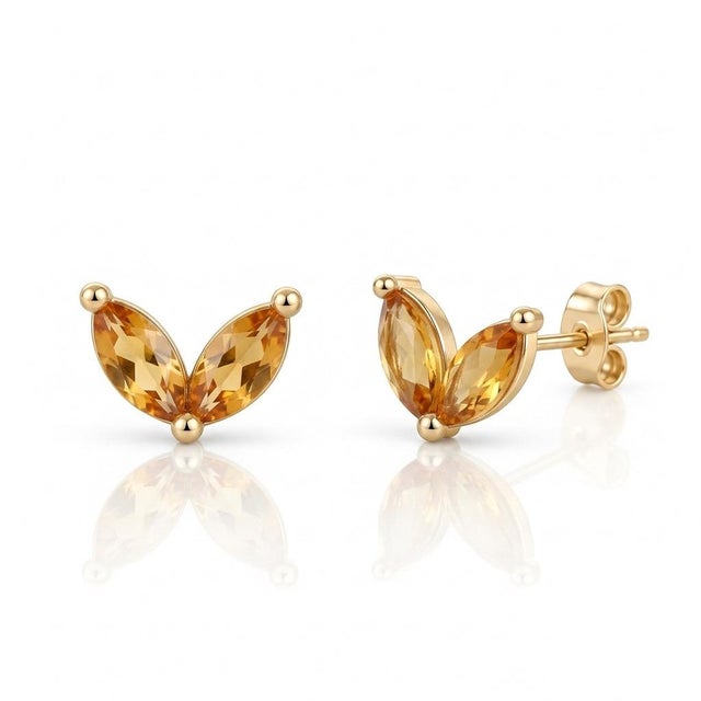 Natural Citrine Leaf Earrings | v-Shape Gemstone Studs | Minimalist November Birthstone Gift - A Pair For Sale - Image 4 of 4