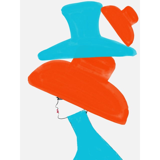 "Chapeaus Blue Et Orange" Contemporary Original Fashion Portrait Print by Annie Naranian For Sale