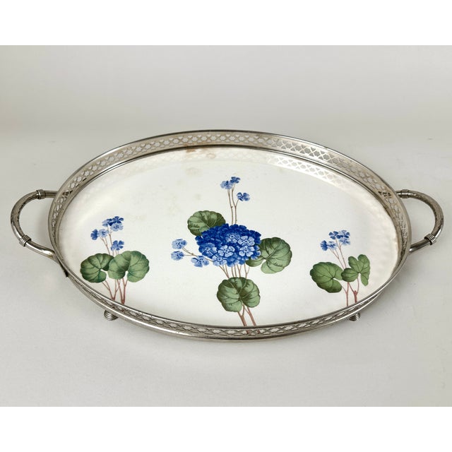 Antique Brass Serving Tray with Handles & Floral Decor, 1930s For Sale - Image 3 of 10