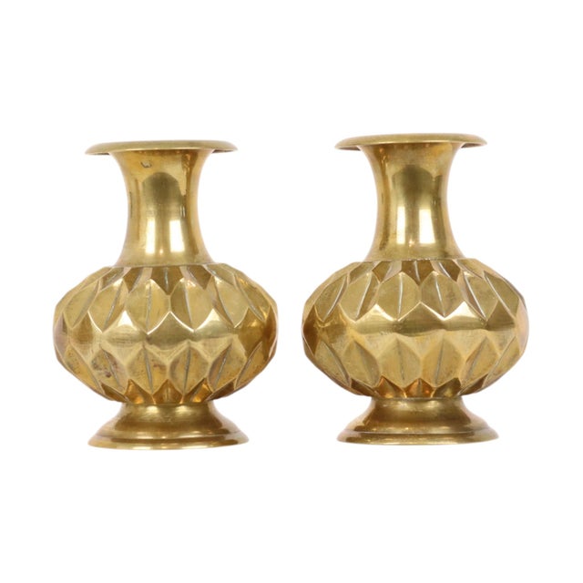 Mid-Century Modern Brass Vases with Geometric Design, Set of 2 For Sale - Image 3 of 14