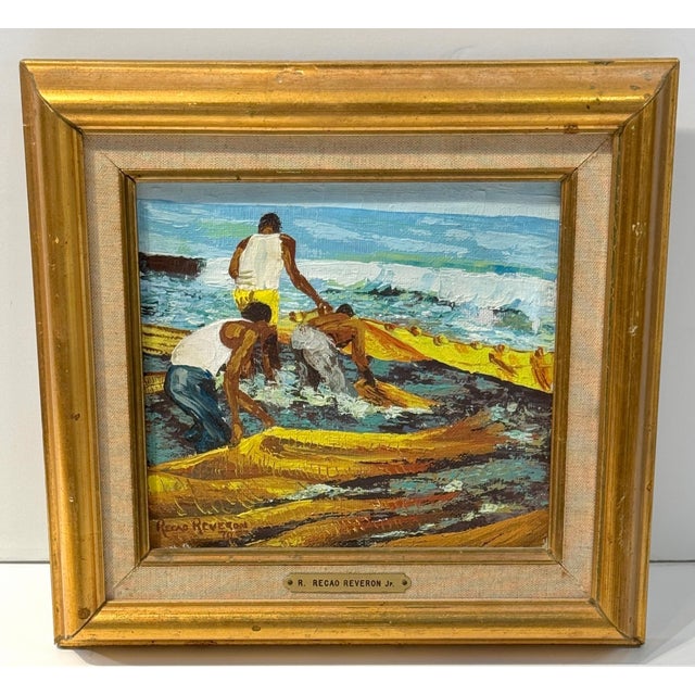 R. Recao Reverón Jr., ‘The Fishermen,’ 1970—Coastal Beach Seascape Work: canvas, 8 x 7.5 in. Framed: 12 in. W x 11.5 in. H...