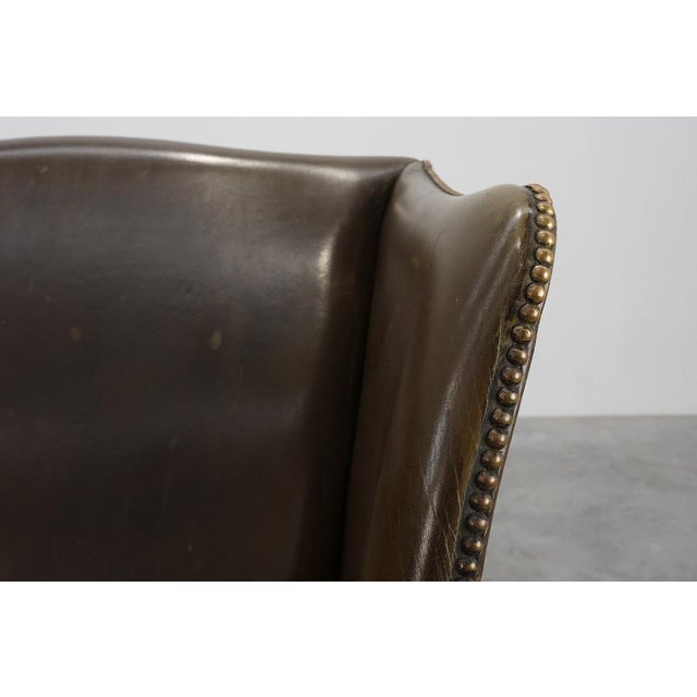 Mid-Century Modern Wing Back Chair in Green Leather, 1980s For Sale - Image 9 of 15