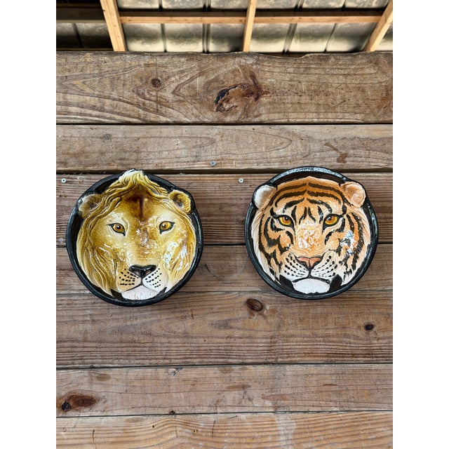 Vintage Italian Glazed Terracotta Tiger Wall Plate | Sculptural Ceramic Wall Art For Sale - Image 11 of 12