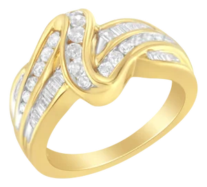 10K Yellow Gold 3/4 Cttw Channel Set Round and Baguette-cut Diamond Double Shank Bypass Ring (J-K Color, I1-I2 Clarity) - Size 7.25